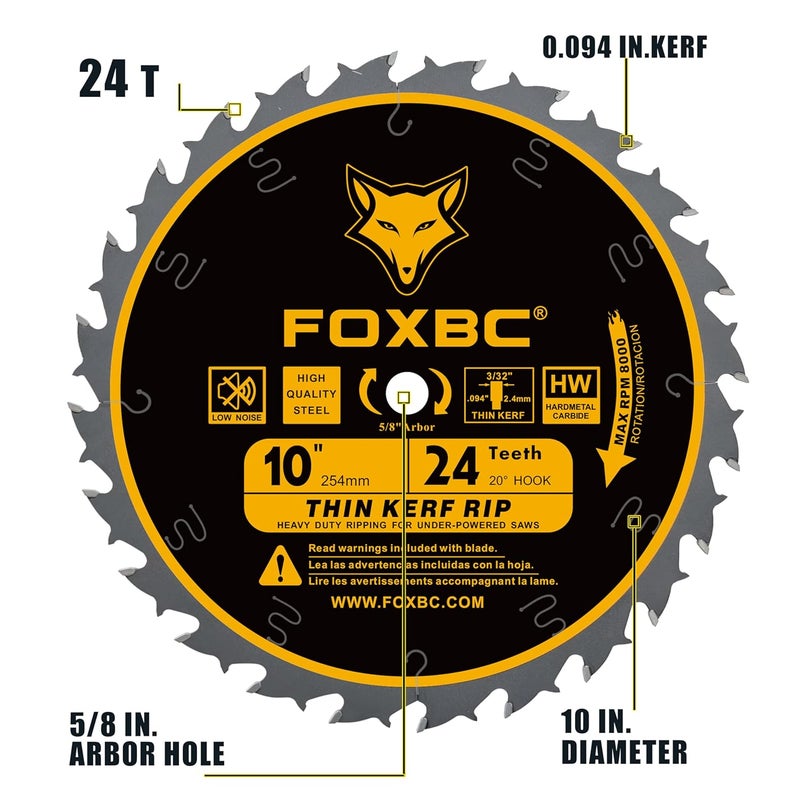 FOXBC 10-Inch Thin Kerf Ripping Table Saw Blade for Wood Cutting, 24-Tooth FTG, 5/8-Inch Arbor - Image 2